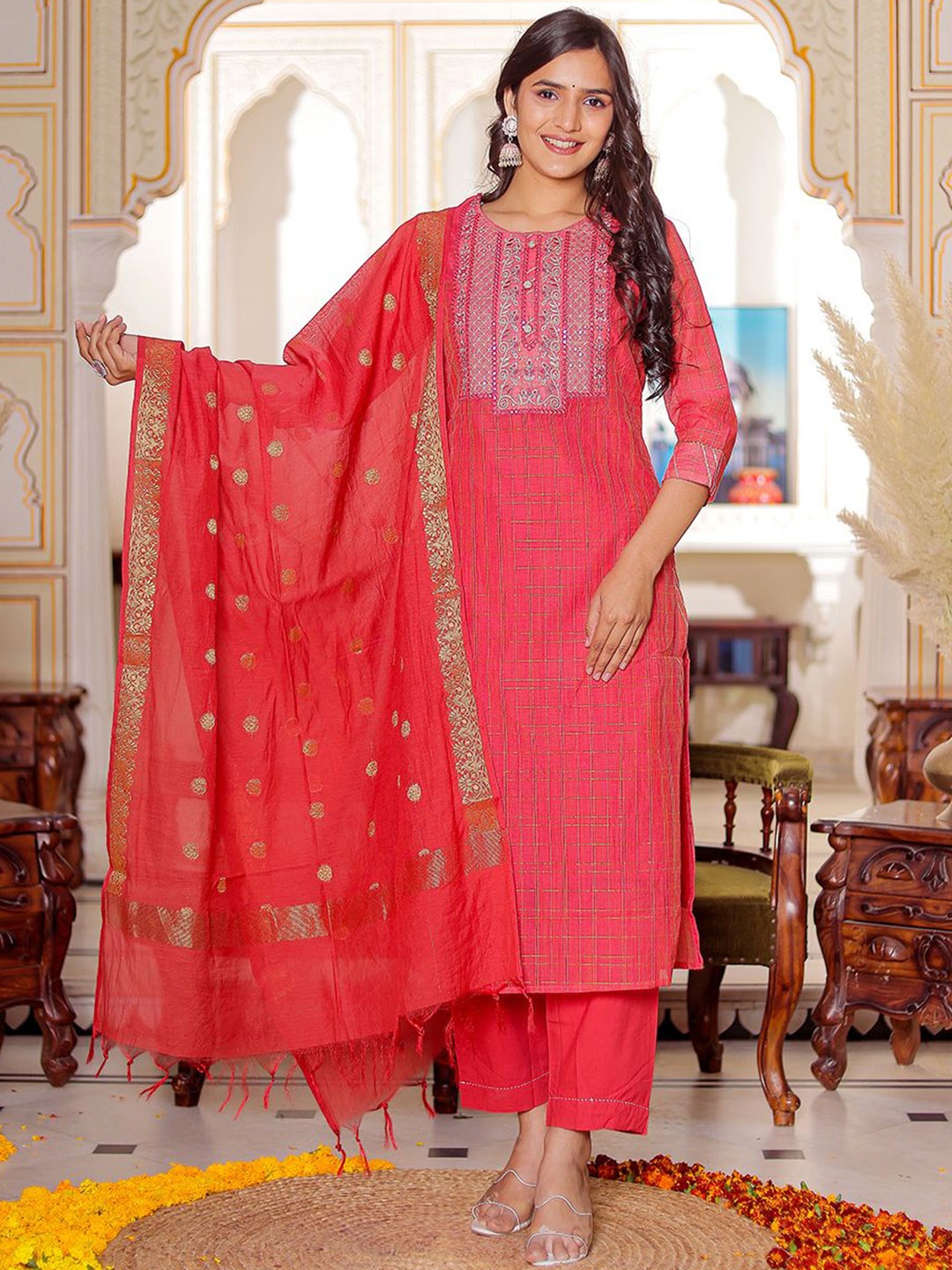VASVI Women Embroidered Regular Thread Work Chanderi Cotton Kurta with Pyjamas & With Dupatta, Red
VASVI Women Embroidered Regular Thread Work Chanderi Cotton Kurta with Pyjamas & With Dupatta, Red