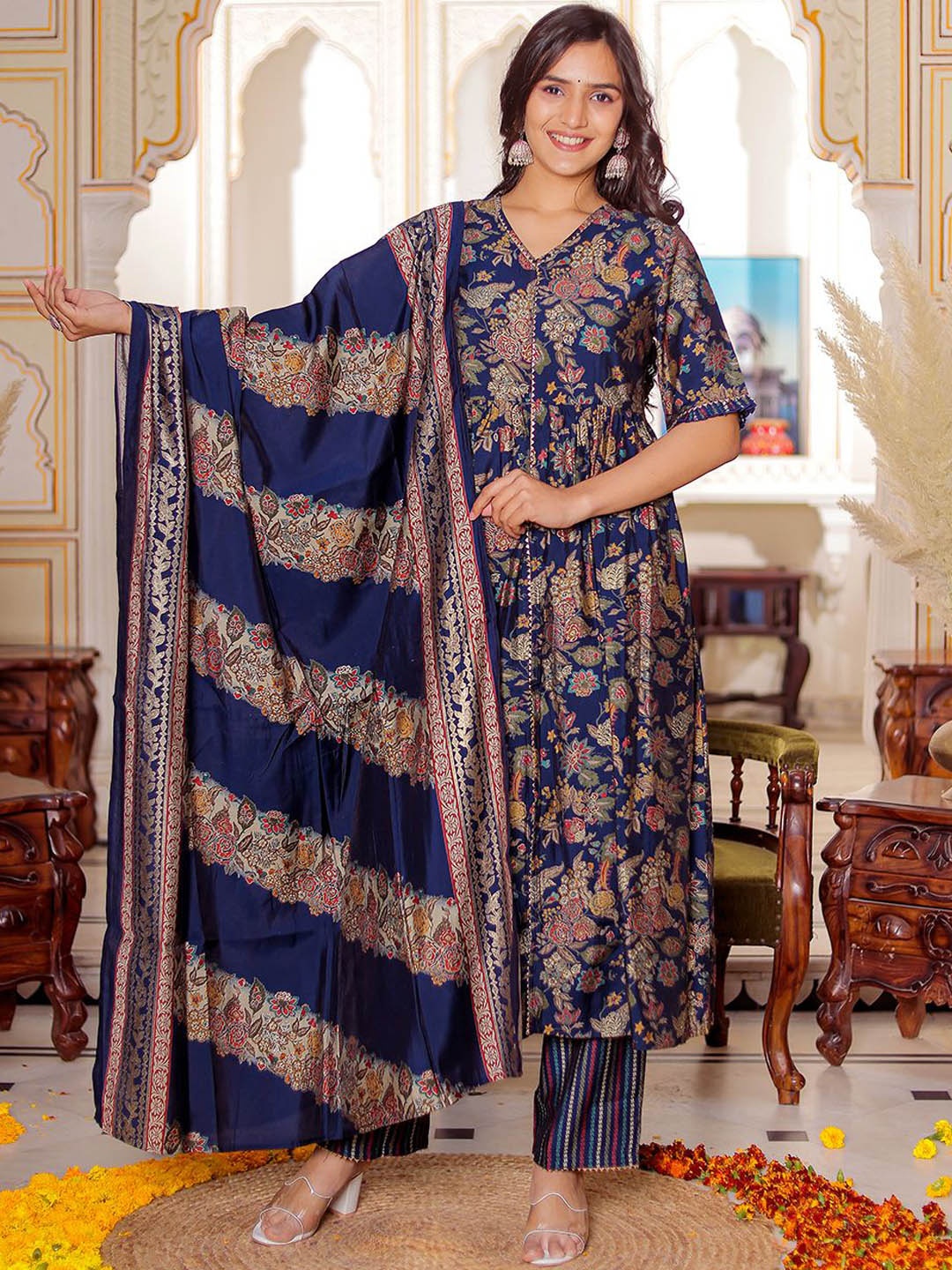 VASVI Women Floral Printed Regular Gotta Patti Pure Silk Kurta with Trousers & With Dupatta, Blue
VASVI Women Floral Printed Regular Gotta Patti Pure Silk Kurta with Trousers & With Dupatta, Blue