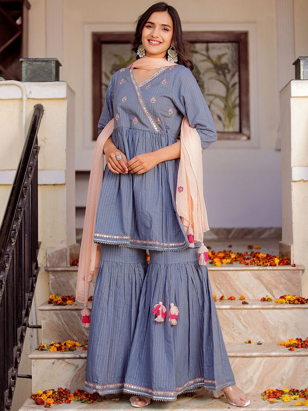 VASVI Women Floral Embroidered Regular Mirror Work Pure Cotton Kurta with Pyjamas & With Dupatta, Grey
VASVI Women Floral Embroidered Regular Mirror Work Pure Cotton Kurta with Pyjamas & With Dupatta, Grey