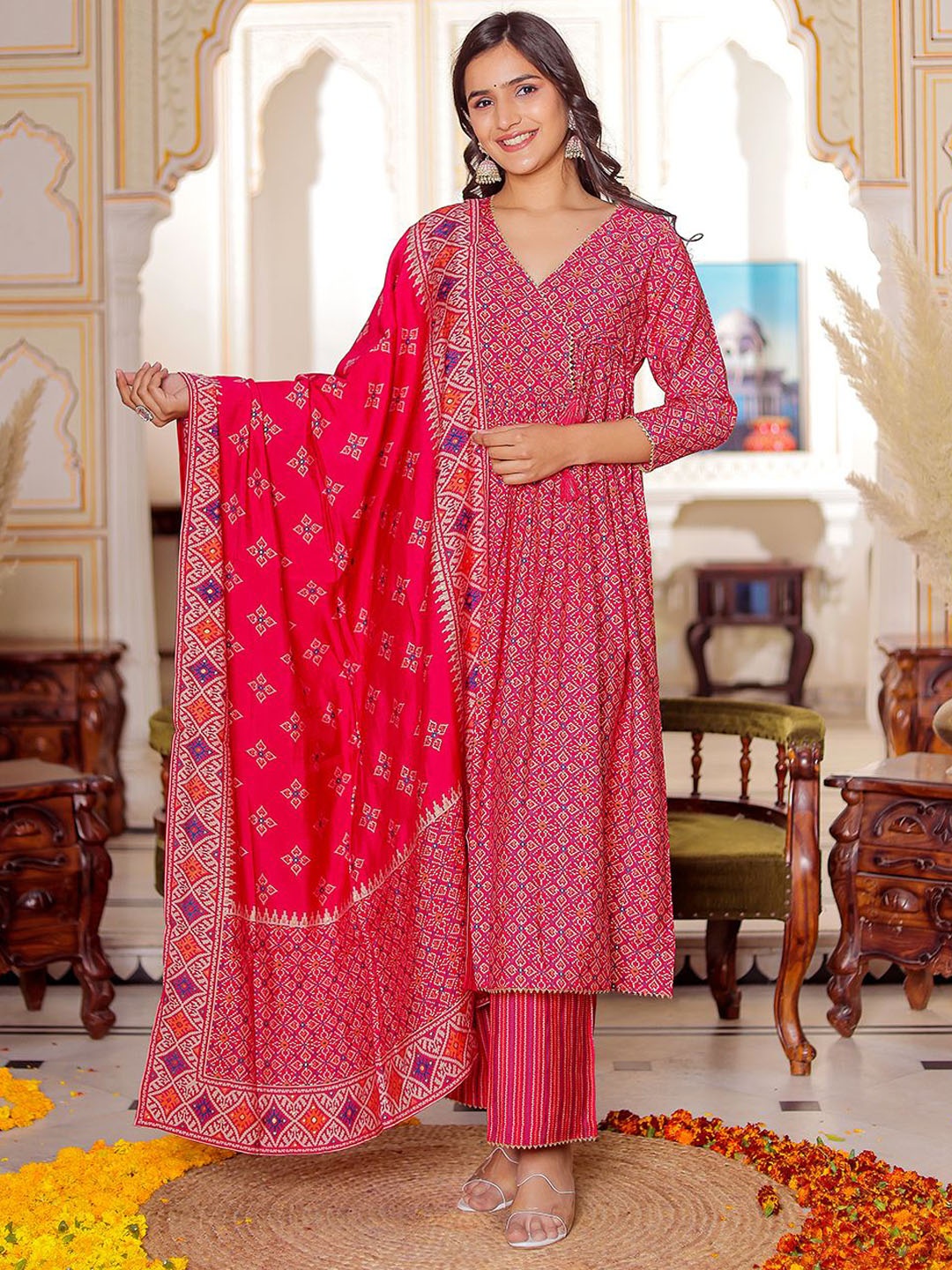 VASVI Women Bandhani Printed Angrakha Gotta Patti Pure Silk Kurta with Trousers & With Dupatta, Pink
VASVI Women Bandhani Printed Angrakha Gotta Patti Pure Silk Kurta with Trousers & With Dupatta, Pink