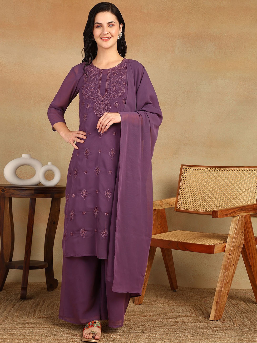 Rudraaksha Creations Women Floral Embroidered Regular Chikankari Kurta with Palazzos & With Dupatta, Purple
Rudraaksha Creations Women Floral Embroidered Regular Chikankari Kurta with Palazzos & With Dupatta, Purple