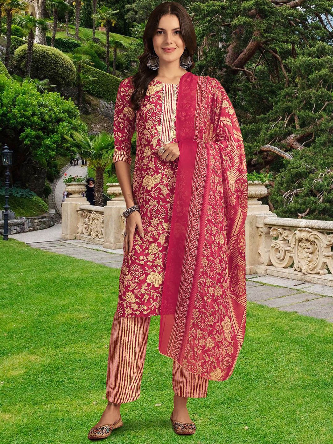 7Threads Women Ethnic Motifs Printed Regular Pure Cotton Kurta with Trousers & With Dupatta, Pink
7Threads Women Ethnic Motifs Printed Regular Pure Cotton Kurta with Trousers & With Dupatta, Pink