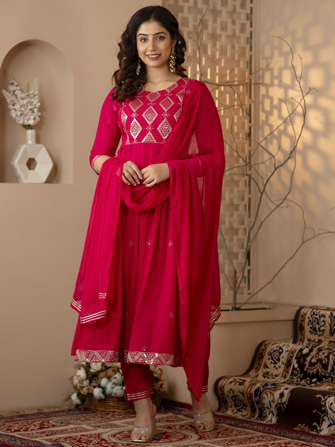 Charu Women Ethnic Motifs Yoke Design Regular Kurta with Trousers & With Dupatta, Pink
Charu Women Ethnic Motifs Yoke Design Regular Kurta with Trousers & With Dupatta, Pink