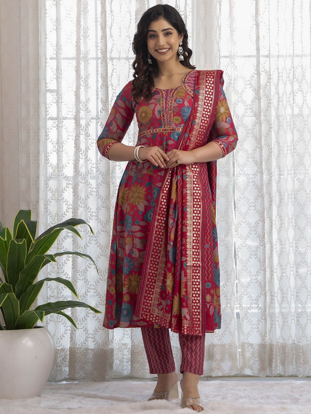Charu Women Floral Printed Regular Mirror Work Kurta with Trousers & With Dupatta, Pink
Charu Women Floral Printed Regular Mirror Work Kurta with Trousers & With Dupatta, Pink