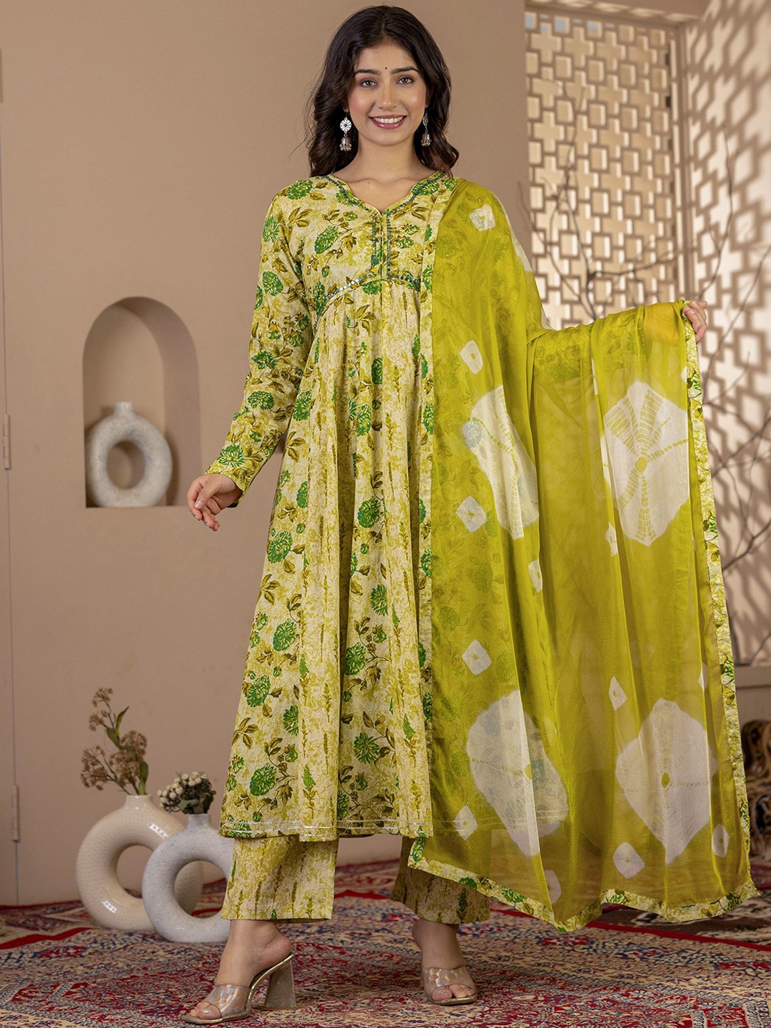 Charu Women Floral Printed Empire Mirror Work Pure Cotton Kurta with Trousers & With Dupatta, Green
Charu Women Floral Printed Empire Mirror Work Pure Cotton Kurta with Trousers & With Dupatta, Green