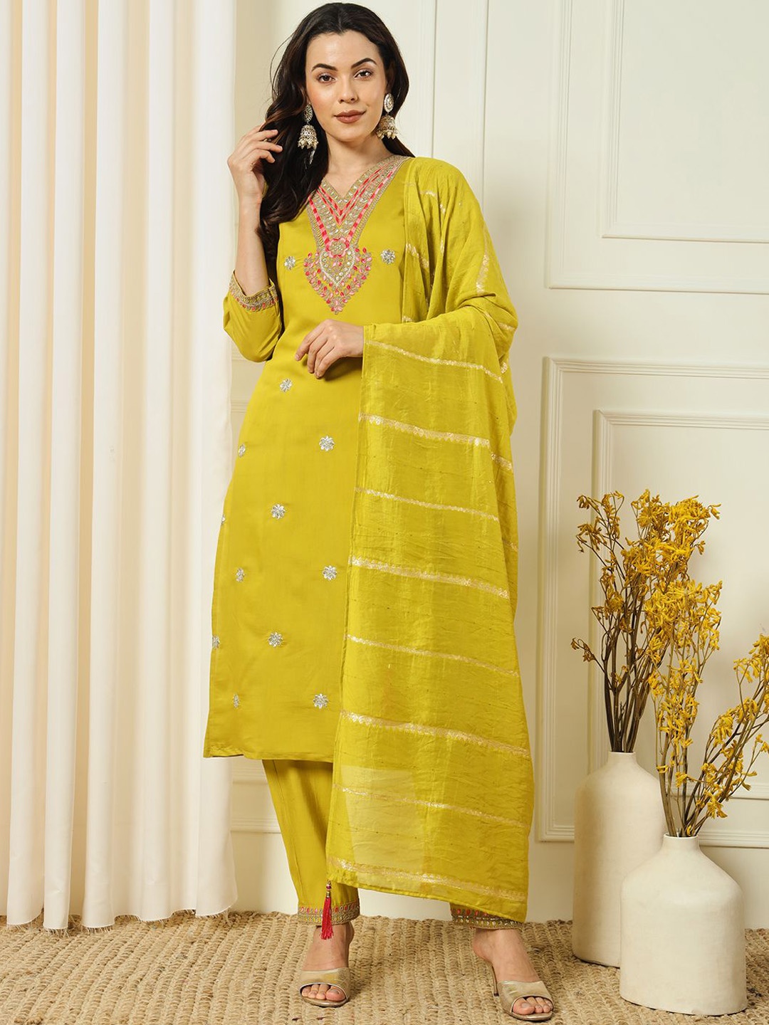 S.K.C Women Ethnic Motifs Embroidered Regular Sequinned Kurta with Trousers & With Dupatta, Lime green
S.K.C Women Ethnic Motifs Embroidered Regular Sequinned Kurta with Trousers & With Dupatta, Lime green