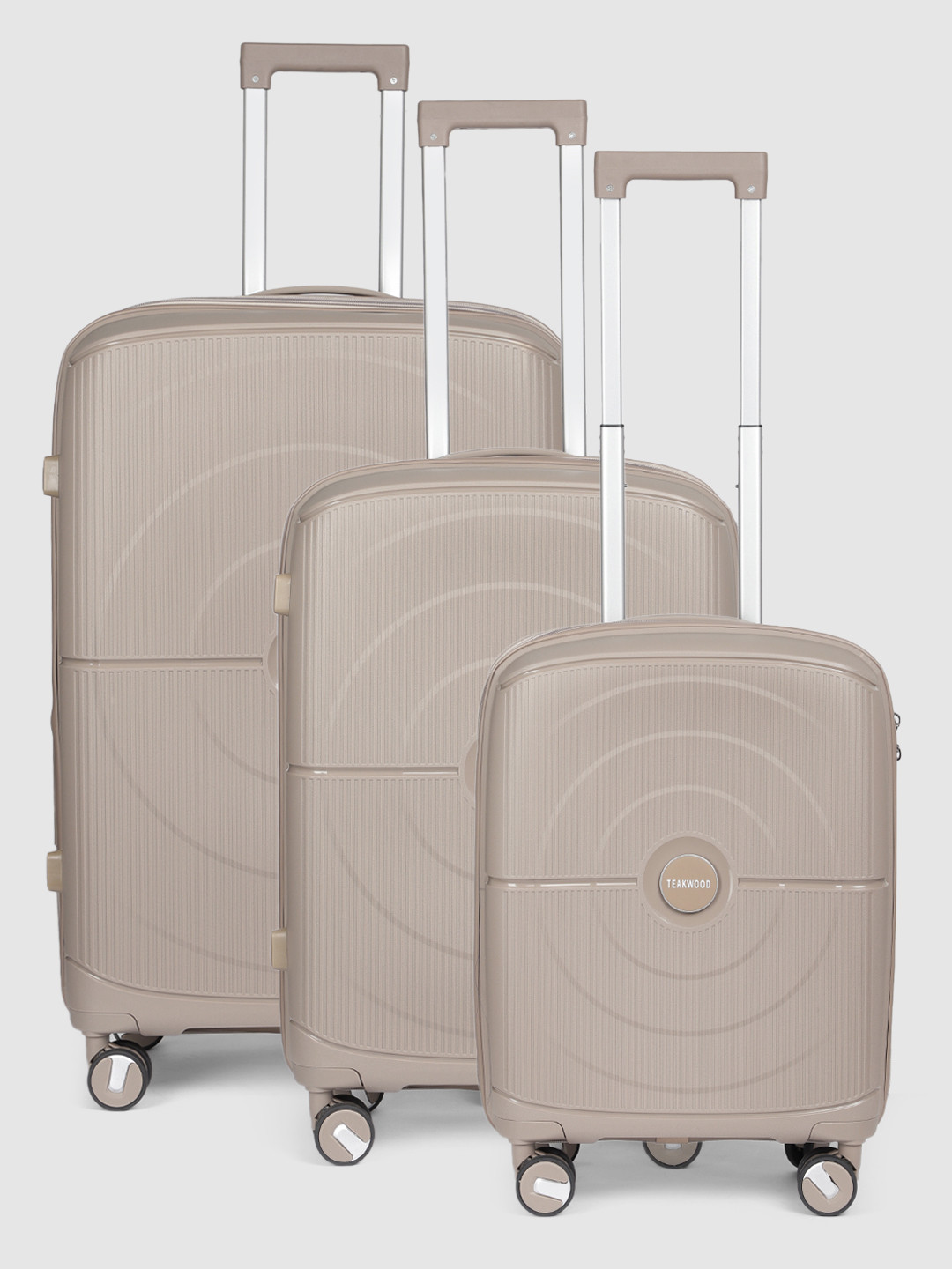 Teakwood Leathers Set of 3 Circle Textured 360 Degree Rotation Hard Trolley Bags 182.3L, Brown
Teakwood Leathers Set of 3 Circle Textured 360 Degree Rotation Hard Trolley Bags 182.3L, Brown