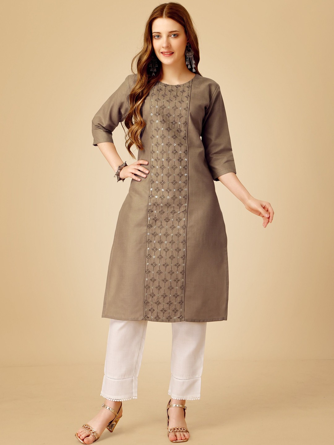 BERISTON Women Ethnic Motifs Embroidered Regular Sequinned Kurta with Trousers, Khaki
BERISTON Women Ethnic Motifs Embroidered Regular Sequinned Kurta with Trousers, Khaki