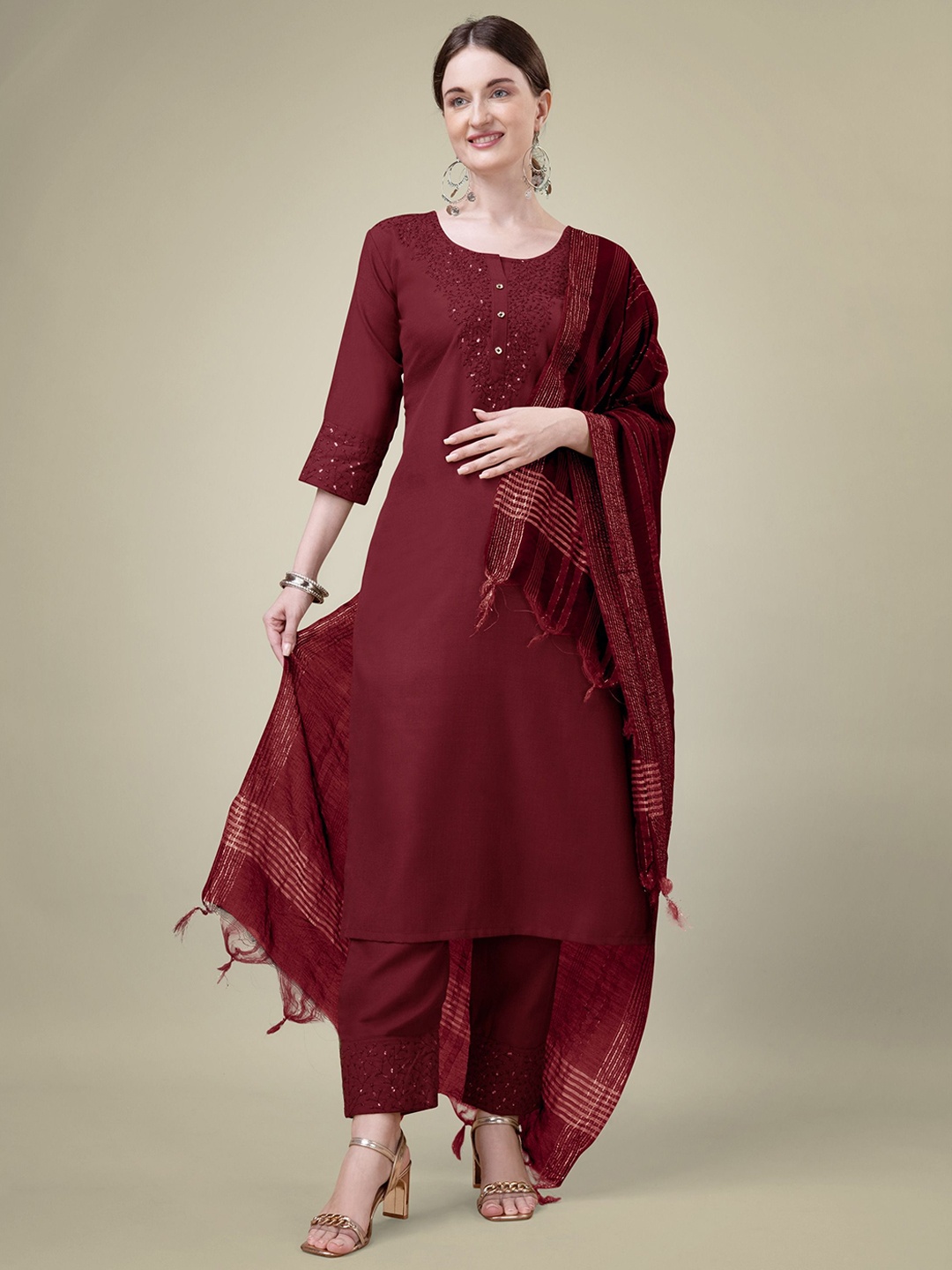 BERISTON Women Floral Embroidered Regular Sequinned Kurta with Trousers & With Dupatta, Maroon
BERISTON Women Floral Embroidered Regular Sequinned Kurta with Trousers & With Dupatta, Maroon