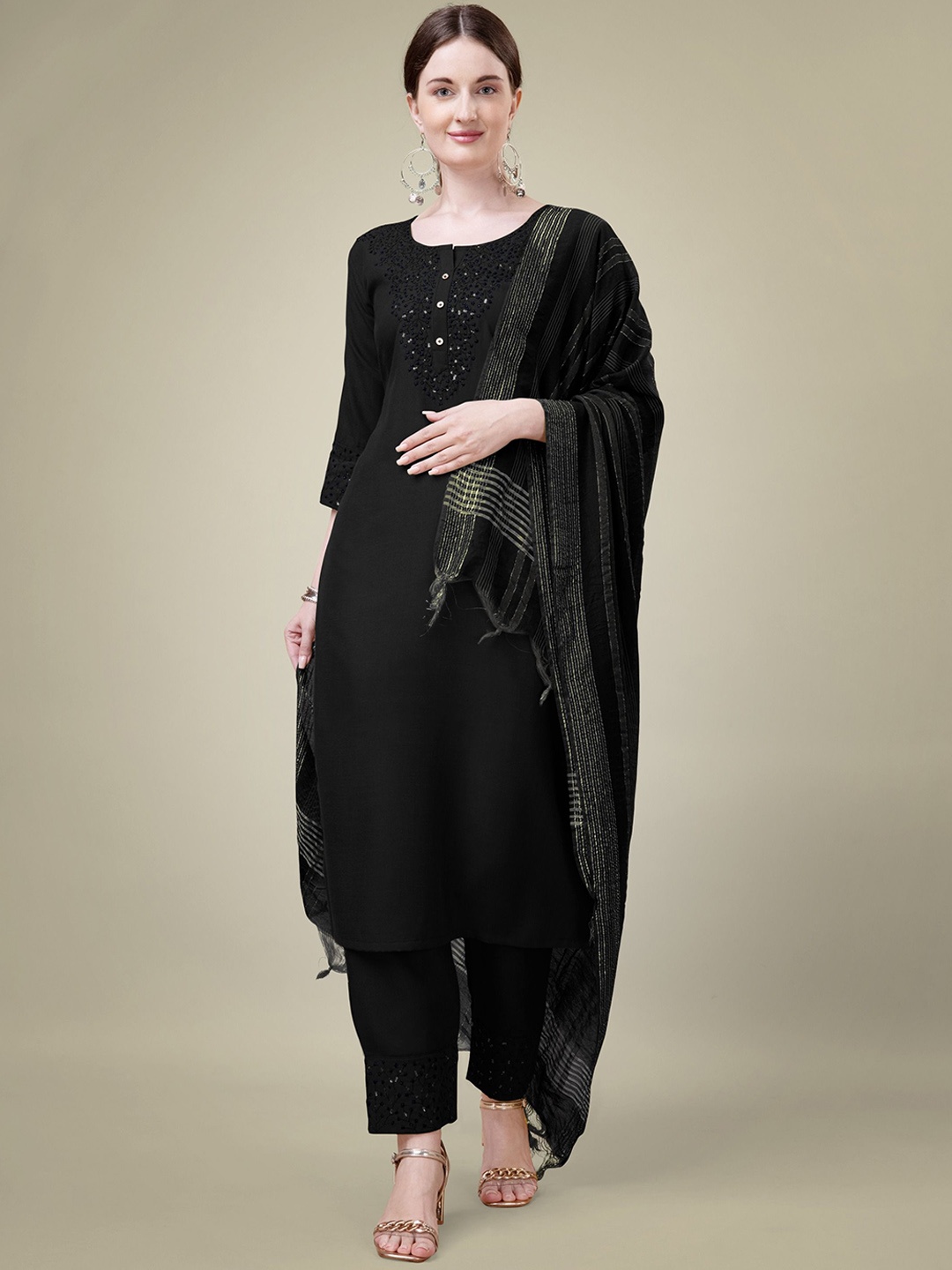 BERISTON Women Floral Embroidered Regular Sequinned Kurta with Trousers & With Dupatta, Black
BERISTON Women Floral Embroidered Regular Sequinned Kurta with Trousers & With Dupatta, Black