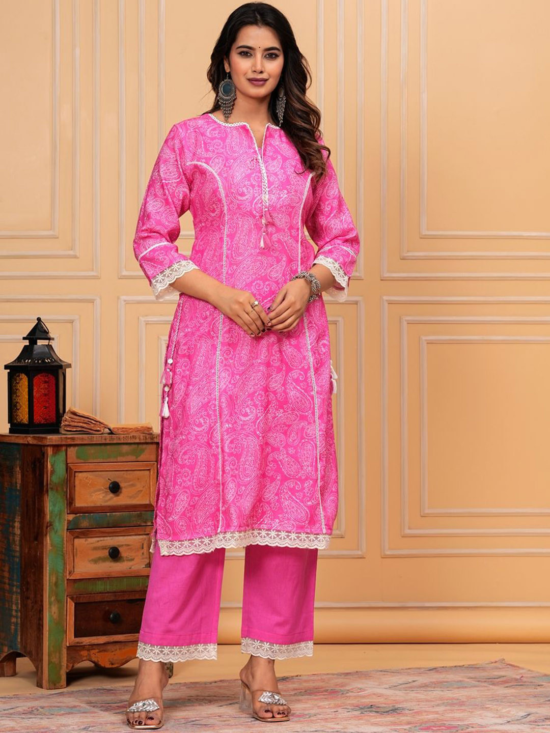 KALINI Women Paisley Printed Panelled Chikankari Linen Kurta with Palazzos, Pink
KALINI Women Paisley Printed Panelled Chikankari Linen Kurta with Palazzos, Pink