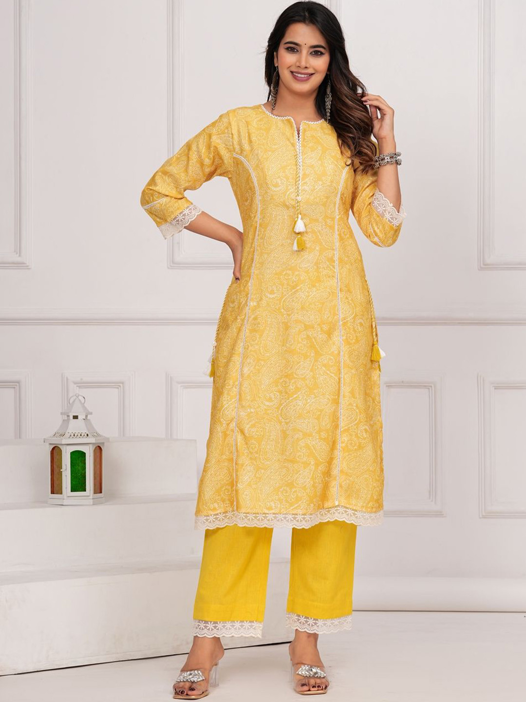 KALINI Women Paisley Printed Panelled Chikankari Linen Kurta with Trousers, Yellow
KALINI Women Paisley Printed Panelled Chikankari Linen Kurta with Trousers, Yellow