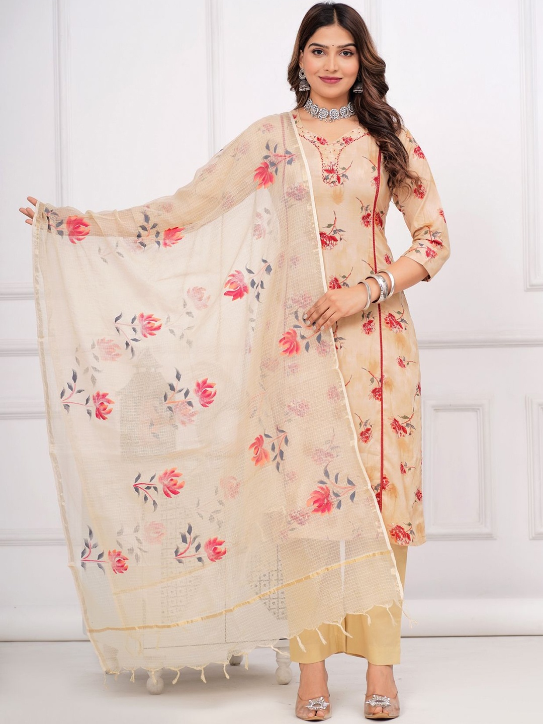 KALINI Women Floral Printed Panelled Beads and Stones Pure Wool Kurta with Trousers & With Dupatta, Beige
KALINI Women Floral Printed Panelled Beads and Stones Pure Wool Kurta with Trousers & With Dupatta, Beige