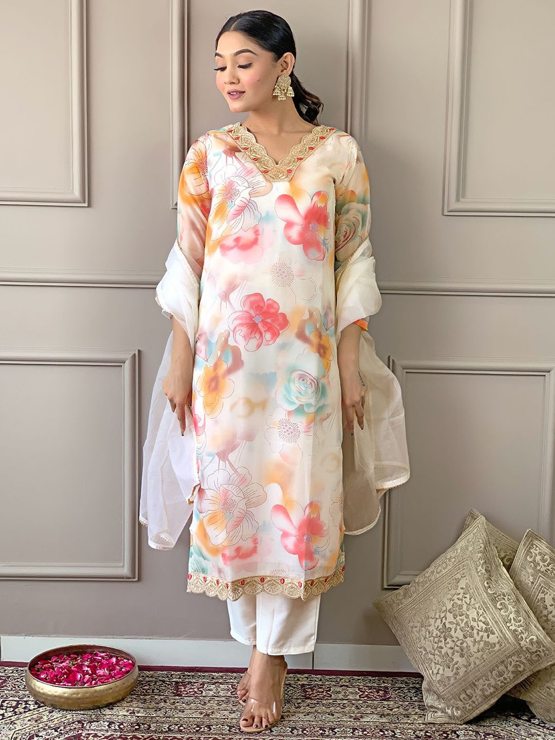 KALINI Women Floral Printed Regular Sequinned Kurta with Pyjamas & With Dupatta, Off white
KALINI Women Floral Printed Regular Sequinned Kurta with Pyjamas & With Dupatta, Off white