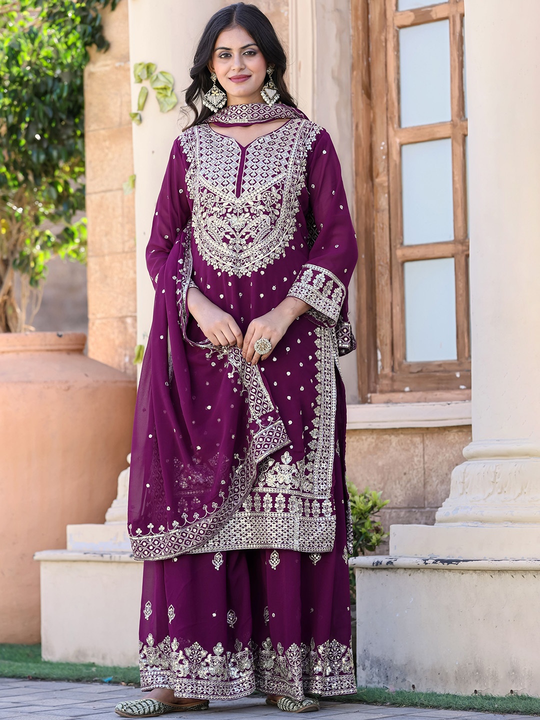 NIZA FASHION Floral Embroidered Regular Thread Work Kurta with Sharara & Dupatta, Purple
NIZA FASHION Floral Embroidered Regular Thread Work Kurta with Sharara & Dupatta, Purple