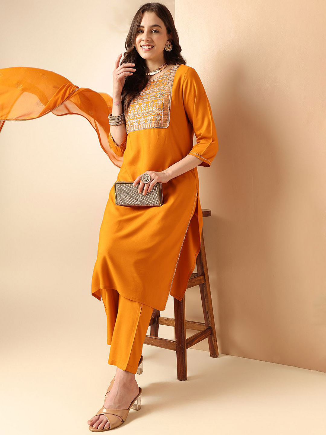 Anouk Ethnic Motifs Yoke Design Regular Sequinned Kurta with Trousers & Dupatta, Yellow
Anouk Ethnic Motifs Yoke Design Regular Sequinned Kurta with Trousers & Dupatta, Yellow