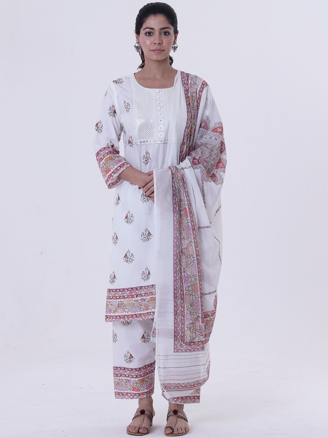 TJORI Ethnic Motifs Printed Sequinned Pure Cotton Straight Kurta With Palazzos & Dupatta, White
TJORI Ethnic Motifs Printed Sequinned Pure Cotton Straight Kurta With Palazzos & Dupatta, White