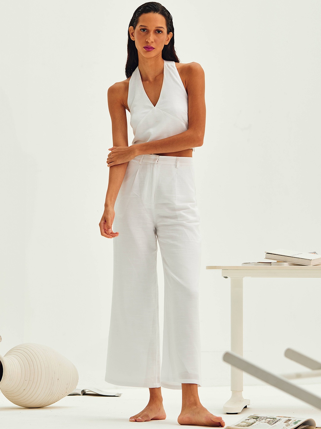 Ashita Ferandes Halter Neck Crop Top With Trousers, White
