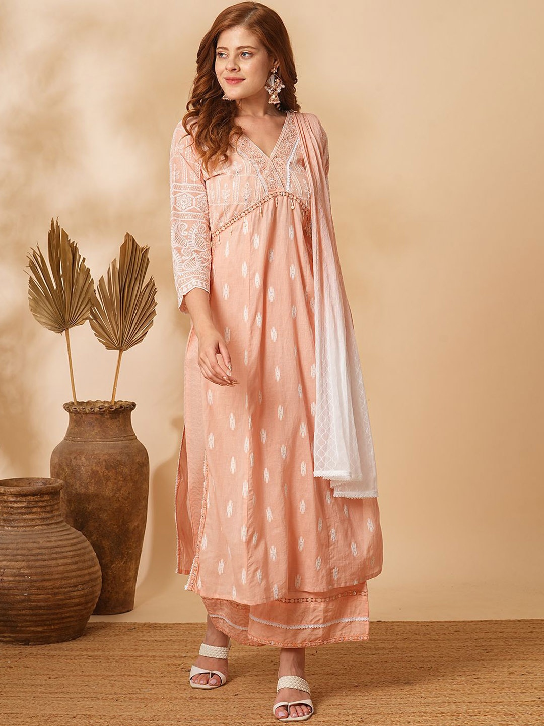 FASHOR Floral Pleated Thread Work Pure Cotton Straight Kurta With Trousers & Dupatta, Peach
FASHOR Floral Pleated Thread Work Pure Cotton Straight Kurta With Trousers & Dupatta, Peach