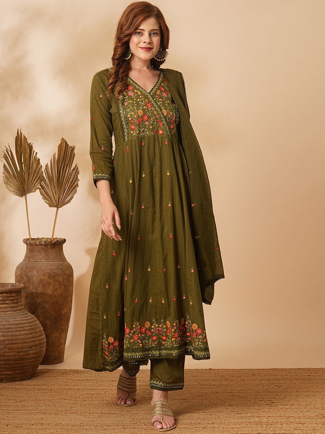 FASHOR Floral Embroidered Angrakha Pure Cotton A-Line Kurta With Trousers & Dupatta, Olive
FASHOR Floral Embroidered Angrakha Pure Cotton A-Line Kurta With Trousers & Dupatta, Olive