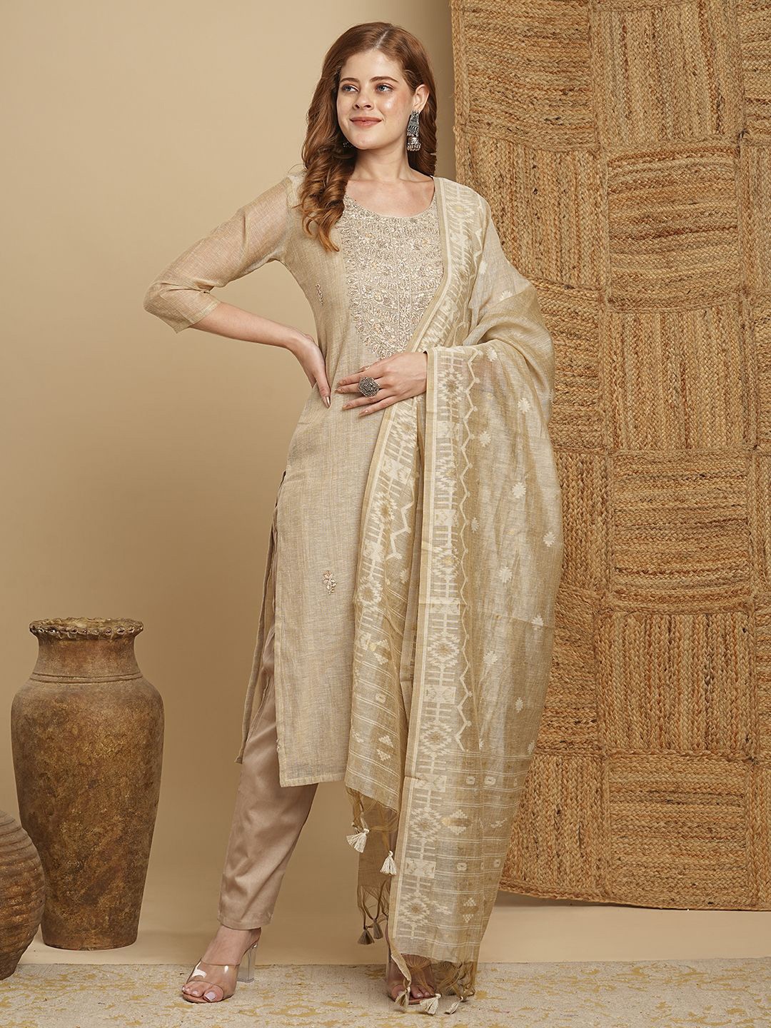 FASHOR Embroidered Thread Work Chanderi Cotton Straight Kurta With Trousers & Dupatta, Taupe
FASHOR Embroidered Thread Work Chanderi Cotton Straight Kurta With Trousers & Dupatta, Taupe