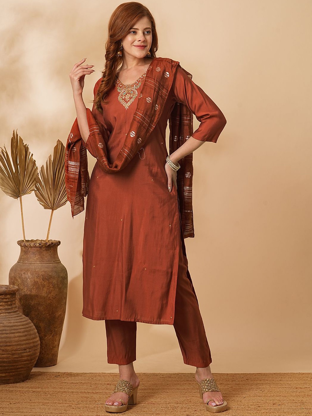 FASHOR Floral Yoke Design Thread Work Chanderi Silk Straight Kurta with Trousers & Dupatta, Rust
FASHOR Floral Yoke Design Thread Work Chanderi Silk Straight Kurta with Trousers & Dupatta, Rust