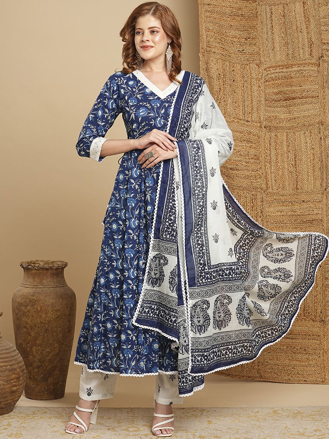FASHOR Floral Printed V-Neck Thread Work Pure Cotton A-Line Kurta With Trousers & Dupatta, Blue
FASHOR Floral Printed V-Neck Thread Work Pure Cotton A-Line Kurta With Trousers & Dupatta, Blue