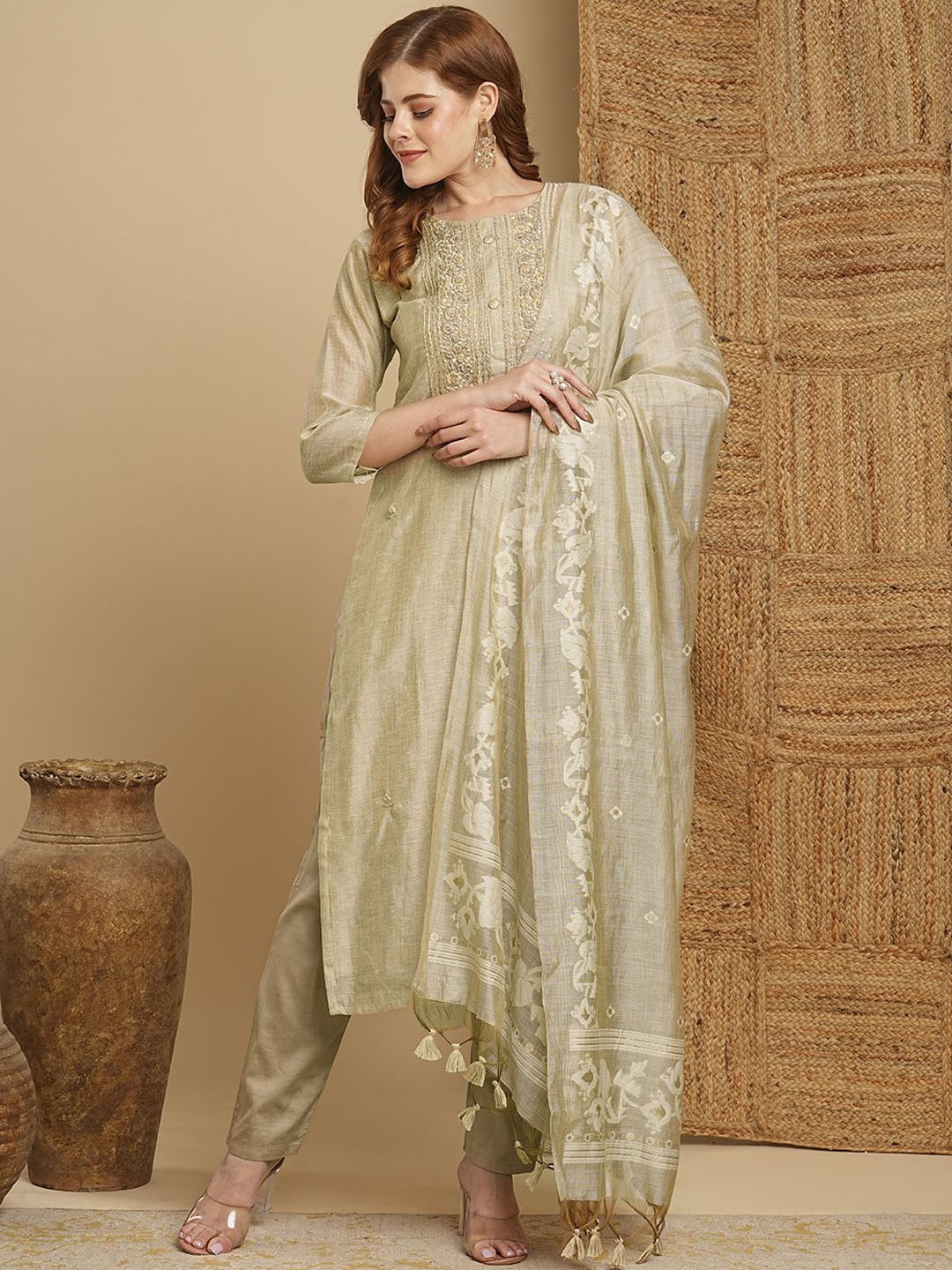 FASHOR Embroidered Thread Work Chanderi Cotton Straight Kurta With Trousers & Dupatta, Taupe
FASHOR Embroidered Thread Work Chanderi Cotton Straight Kurta With Trousers & Dupatta, Taupe