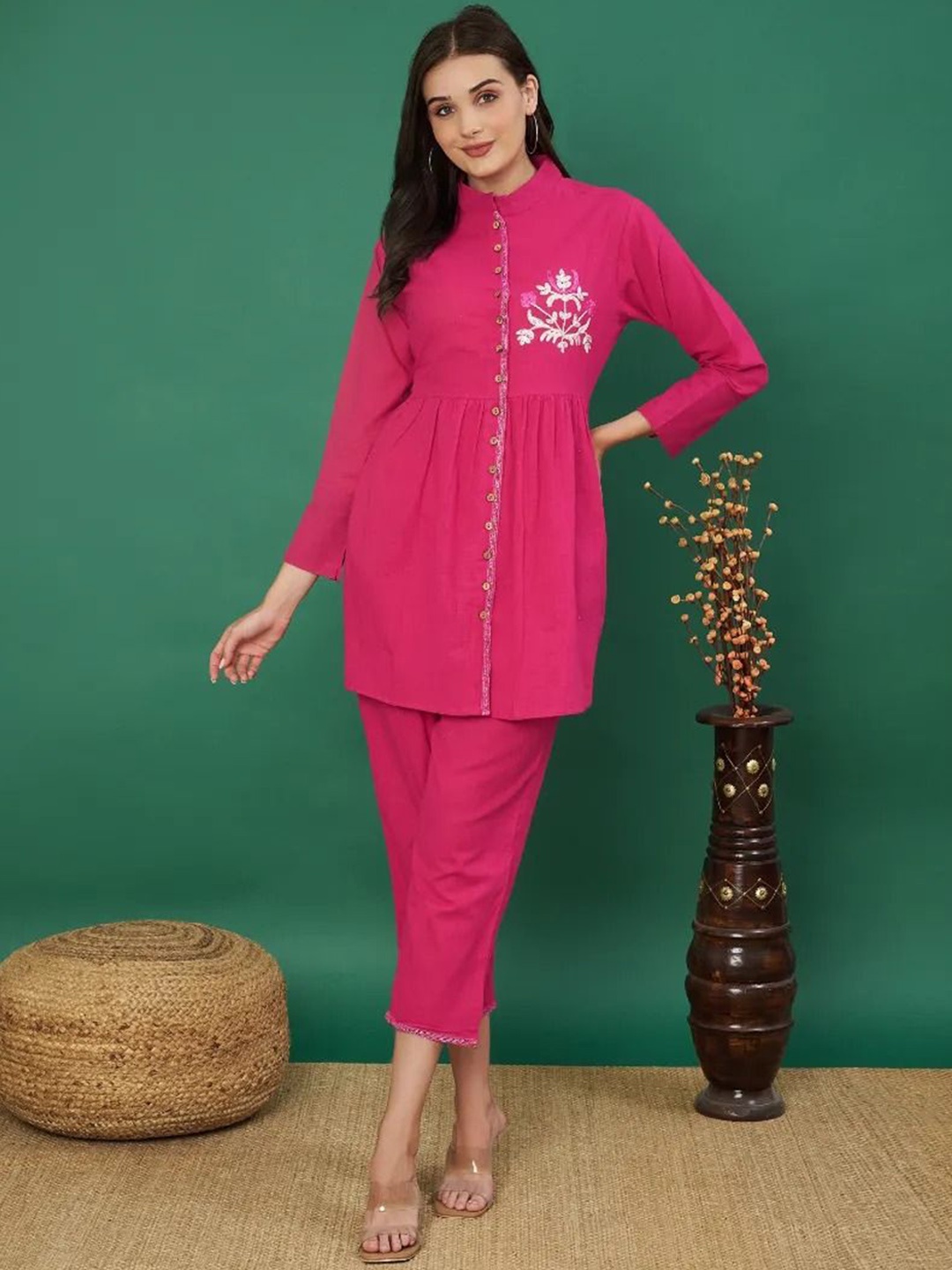 Aaheli Floral Embroidered Mandarin Collar Gathered Pure Cotton Tunic With Trousers, Pink
Aaheli Floral Embroidered Mandarin Collar Gathered Pure Cotton Tunic With Trousers, Pink
