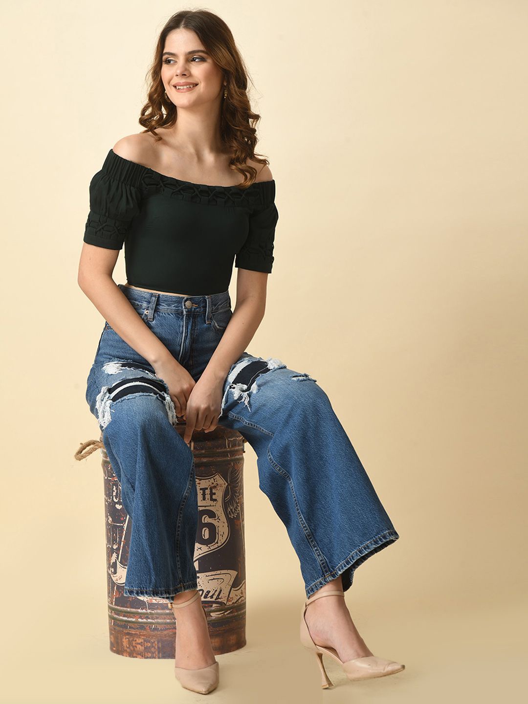 Tushita Off-Shoulder Crepe Bardot Top, Green