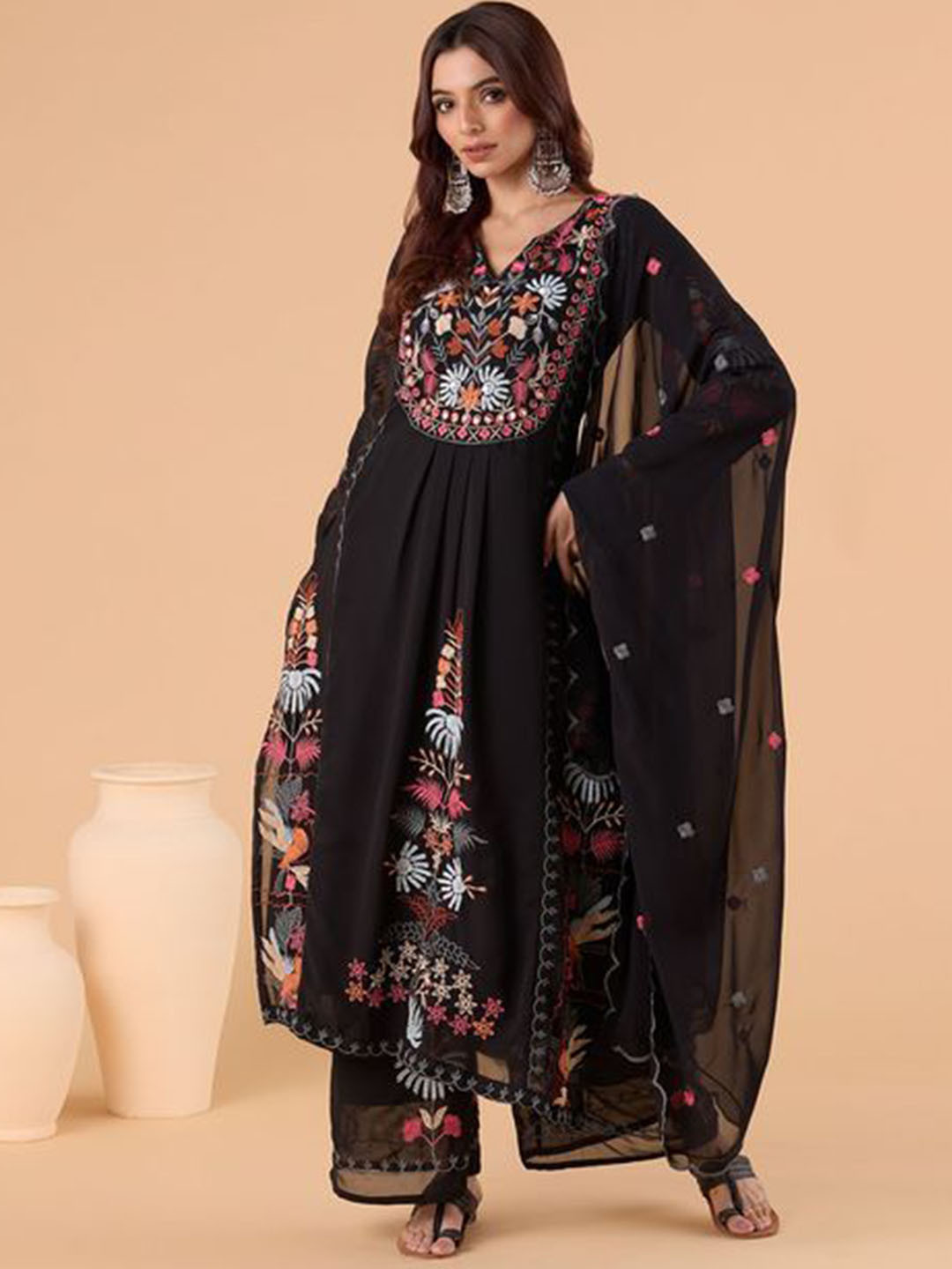 Fashionuma Floral Embroidered Notched Neck Georgette A-Line Kurta With Trousers & Dupatta, Black
Fashionuma Floral Embroidered Notched Neck Georgette A-Line Kurta With Trousers & Dupatta, Black