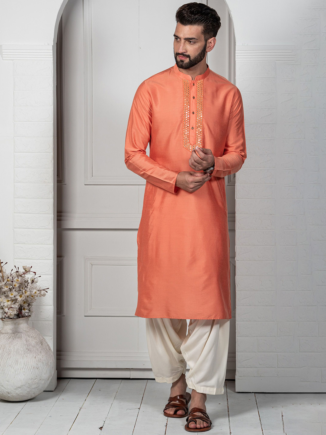 Anouk Yoke Design Mirror Work Mandarin Collar Straight Kurta With Patiala, Orange 
Anouk Yoke Design Mirror Work Mandarin Collar Straight Kurta With Patiala, Orange