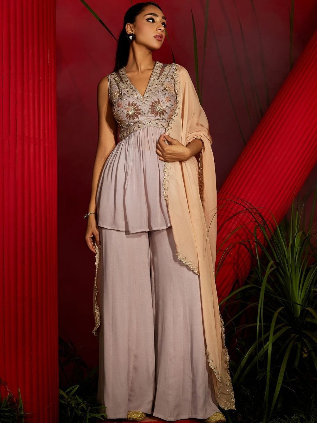 Shreeka Floral Women Embroidered Empire Sequinned Kurti With Sharara & Dupatta, Purple
Shreeka Floral Women Embroidered Empire Sequinned Kurti With Sharara & Dupatta, Purple