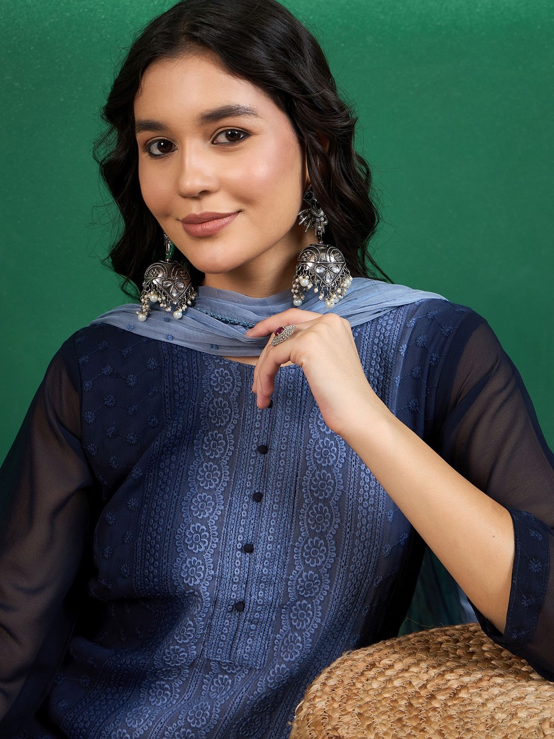 Sangria Navy blue Ombre & Schiffli Embroidery Straight Kurta with Trouser & Dupatta
Sangria Navy blue Ombre & Schiffli Embroidery Straight Kurta with Trouser & Dupatta