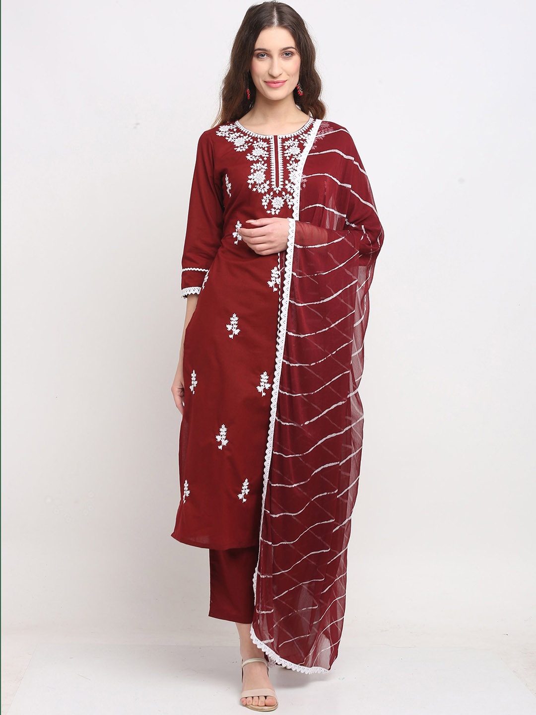 KALINI Floral Embroidered Pure Cotton Straight Kurta with Trousers & Dupatta, Maroon
KALINI Floral Embroidered Pure Cotton Straight Kurta with Trousers & Dupatta, Maroon