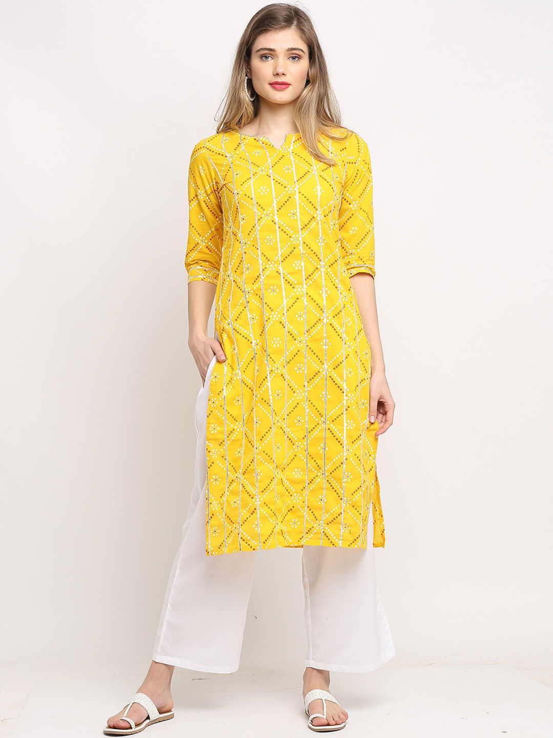 KALINI Bandhani Printed Notched Neck Pure Cotton Kurta With Palazzos & Dupatta, Yellow
KALINI Bandhani Printed Notched Neck Pure Cotton Kurta With Palazzos & Dupatta, Yellow