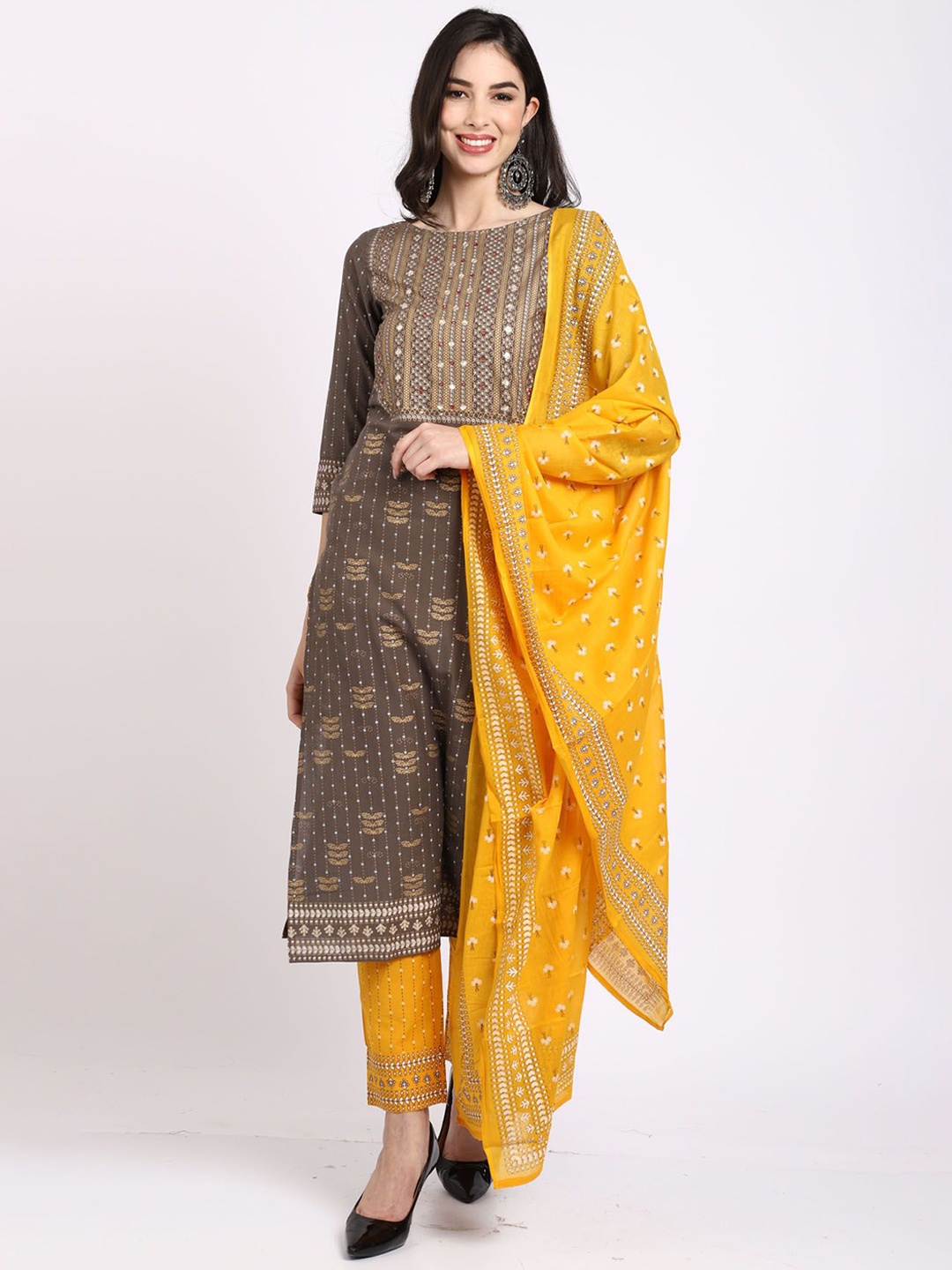 KALINI Ethnic Motifs Printed Regular Sequinned Pure Cotton Kurta with Trousers & Dupatta, Grey
KALINI Ethnic Motifs Printed Regular Sequinned Pure Cotton Kurta with Trousers & Dupatta, Grey