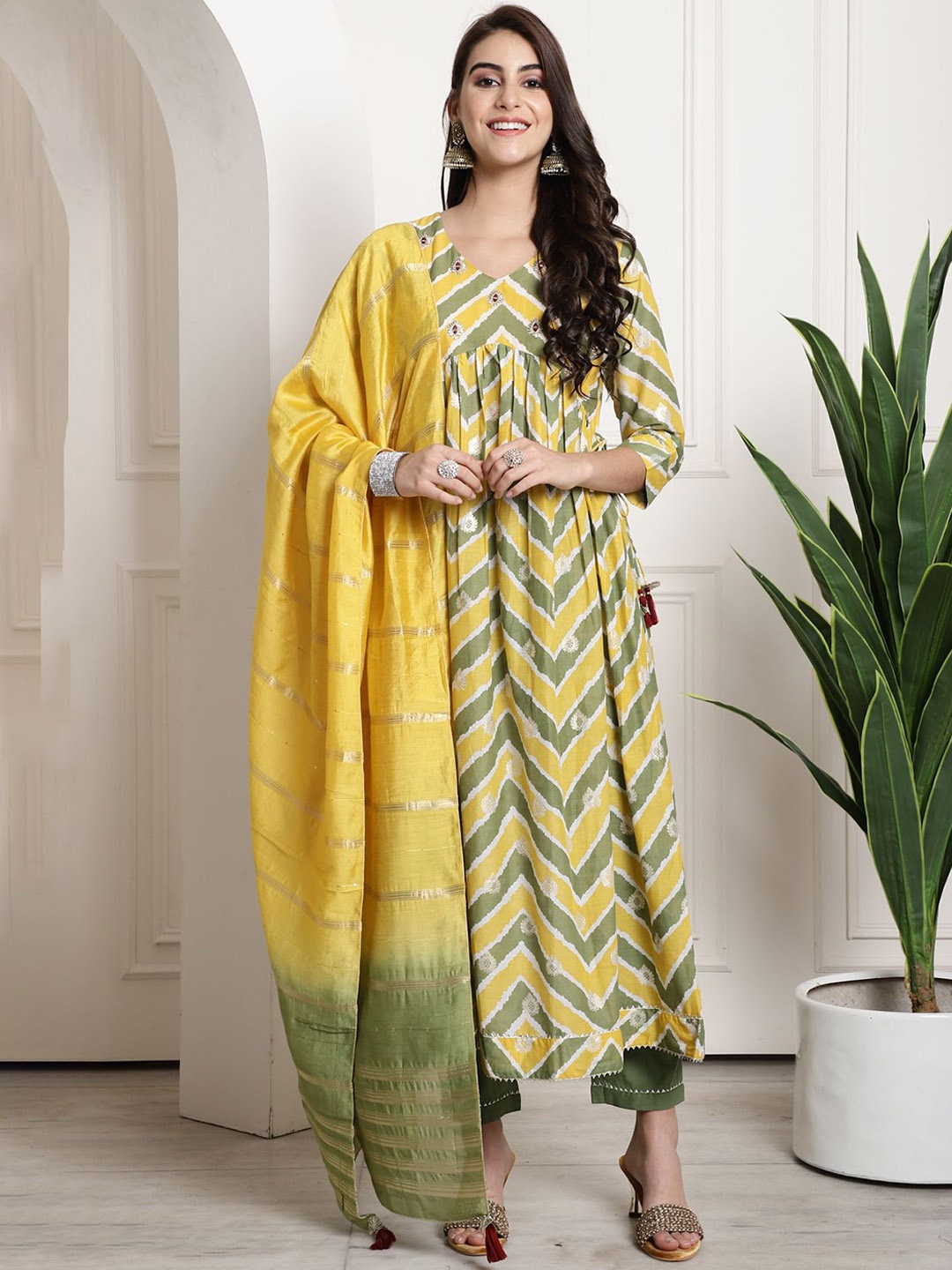 KALINI Striped A-Line Empire Thread Work Pure Cotton Kurta with Trousers & Dupatta, Yellow
KALINI Striped A-Line Empire Thread Work Pure Cotton Kurta with Trousers & Dupatta, Yellow