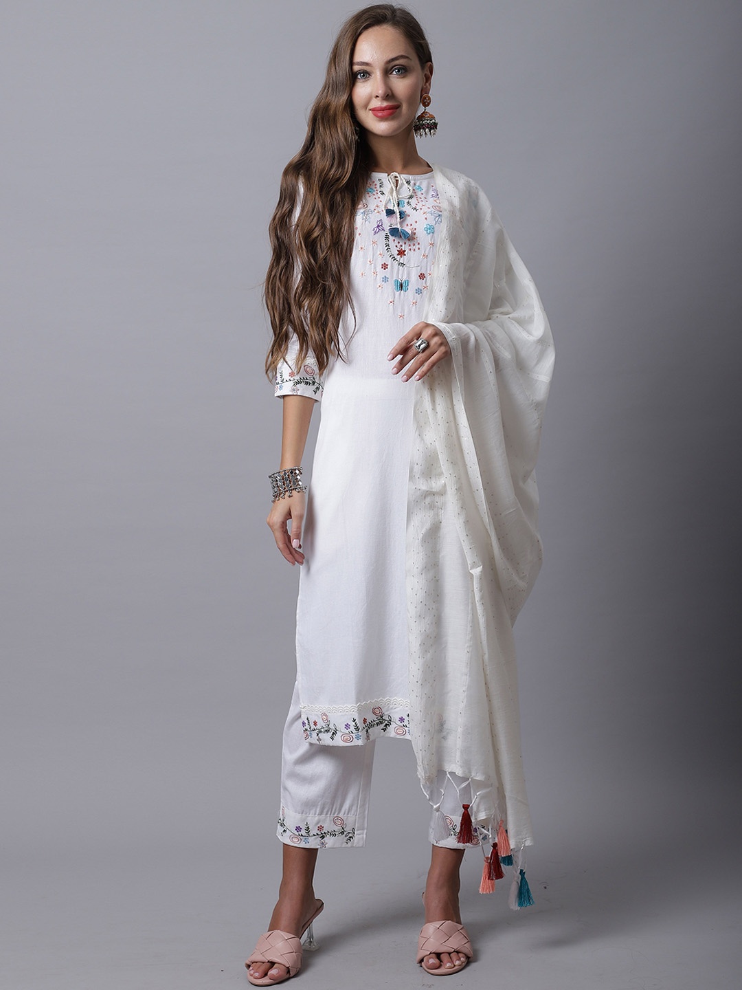 KALINI Yoke Design Tie-Up Neck Thread Work Pure Cotton Kurta with Trousers & Dupatta, Off white
KALINI Yoke Design Tie-Up Neck Thread Work Pure Cotton Kurta with Trousers & Dupatta, Off white