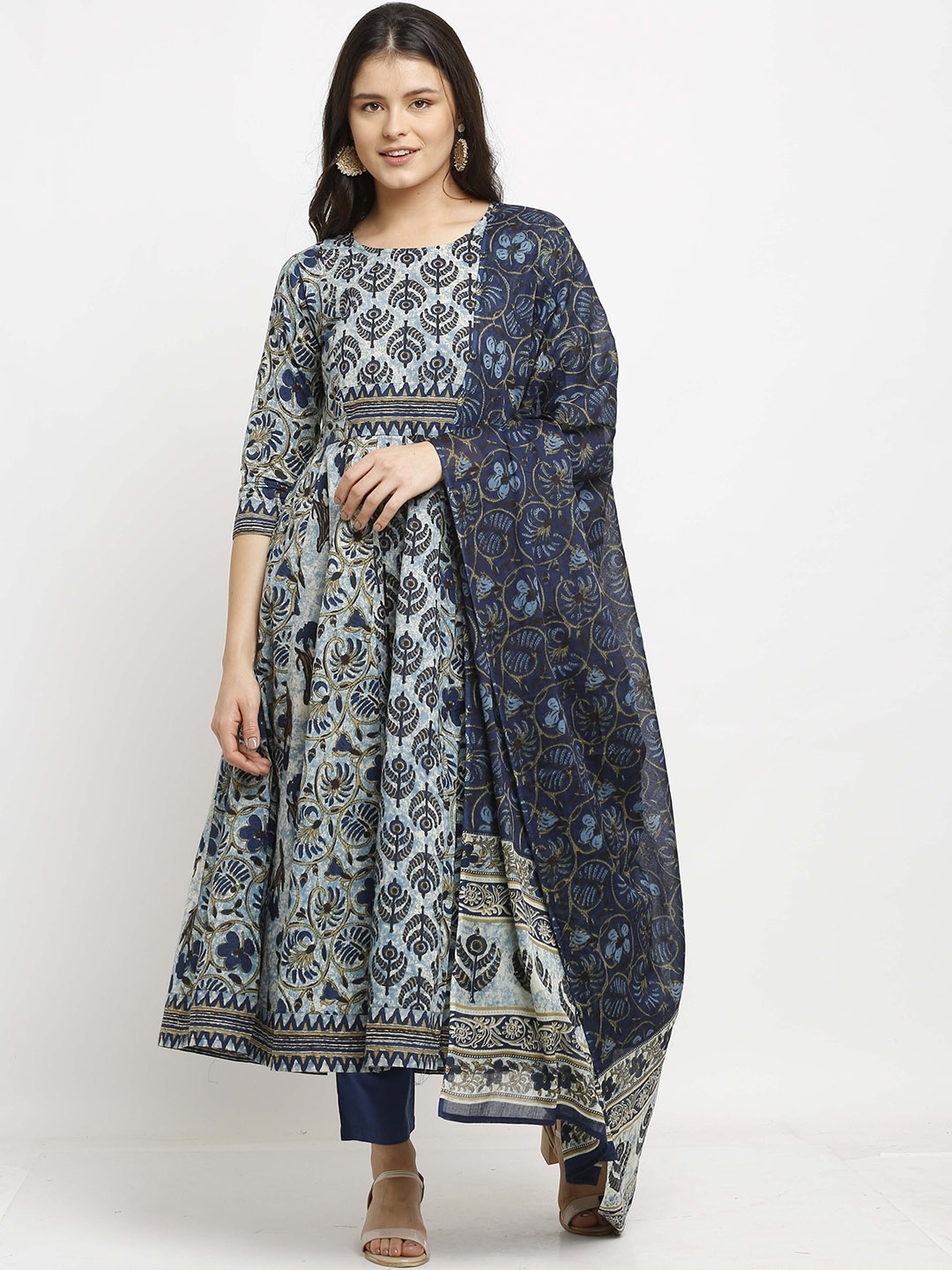 KALINI Ethnic Motifs Printed Pure Cotton Anarkali Kurta with Trousers & Dupatta, Blue
KALINI Ethnic Motifs Printed Pure Cotton Anarkali Kurta with Trousers & Dupatta, Blue