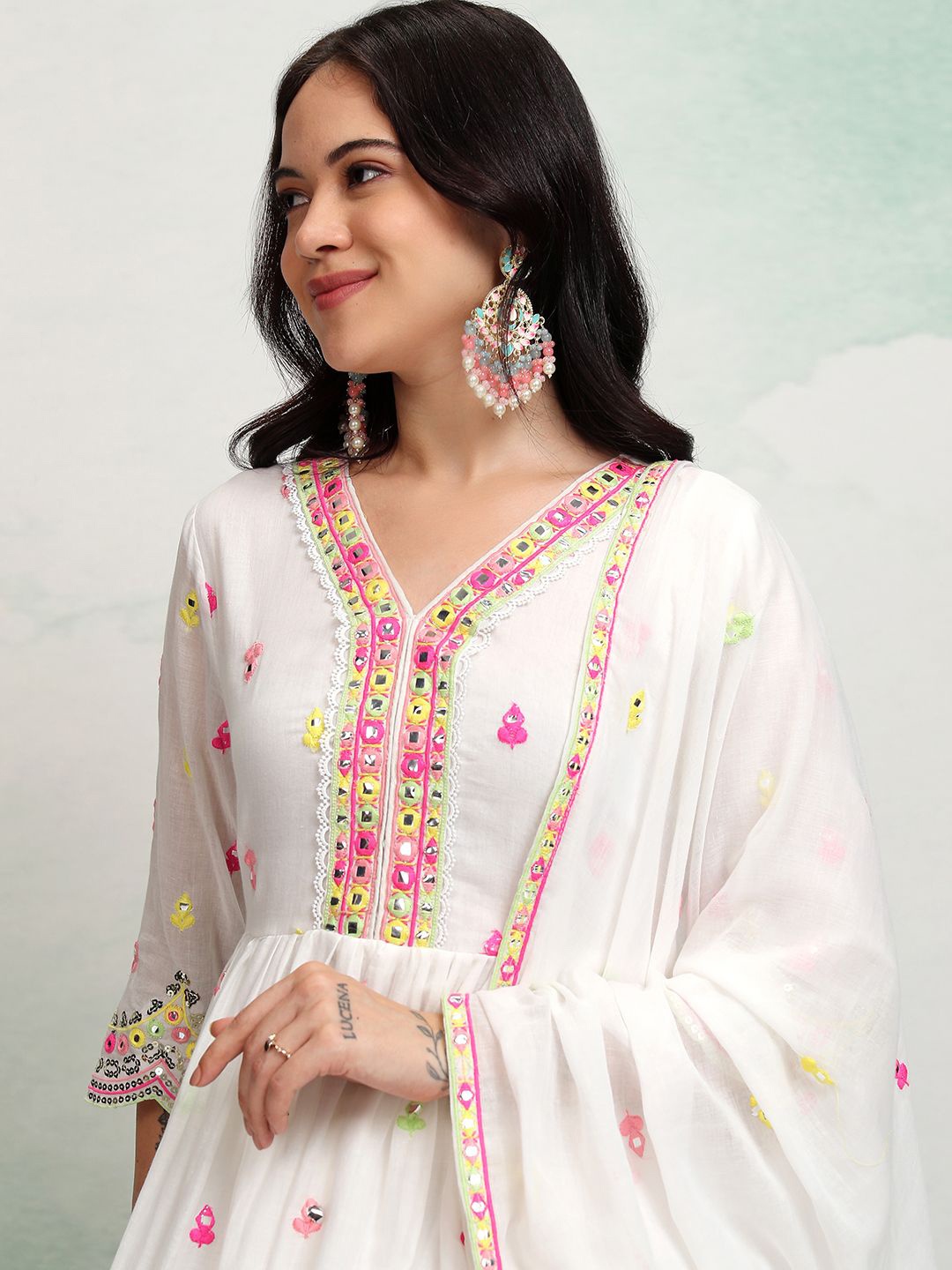 Vishudh Floral Embroidered Mirror Work Pure Cotton Kurta With Trousers & Dupatta, White
Vishudh Floral Embroidered Mirror Work Pure Cotton Kurta With Trousers & Dupatta, White