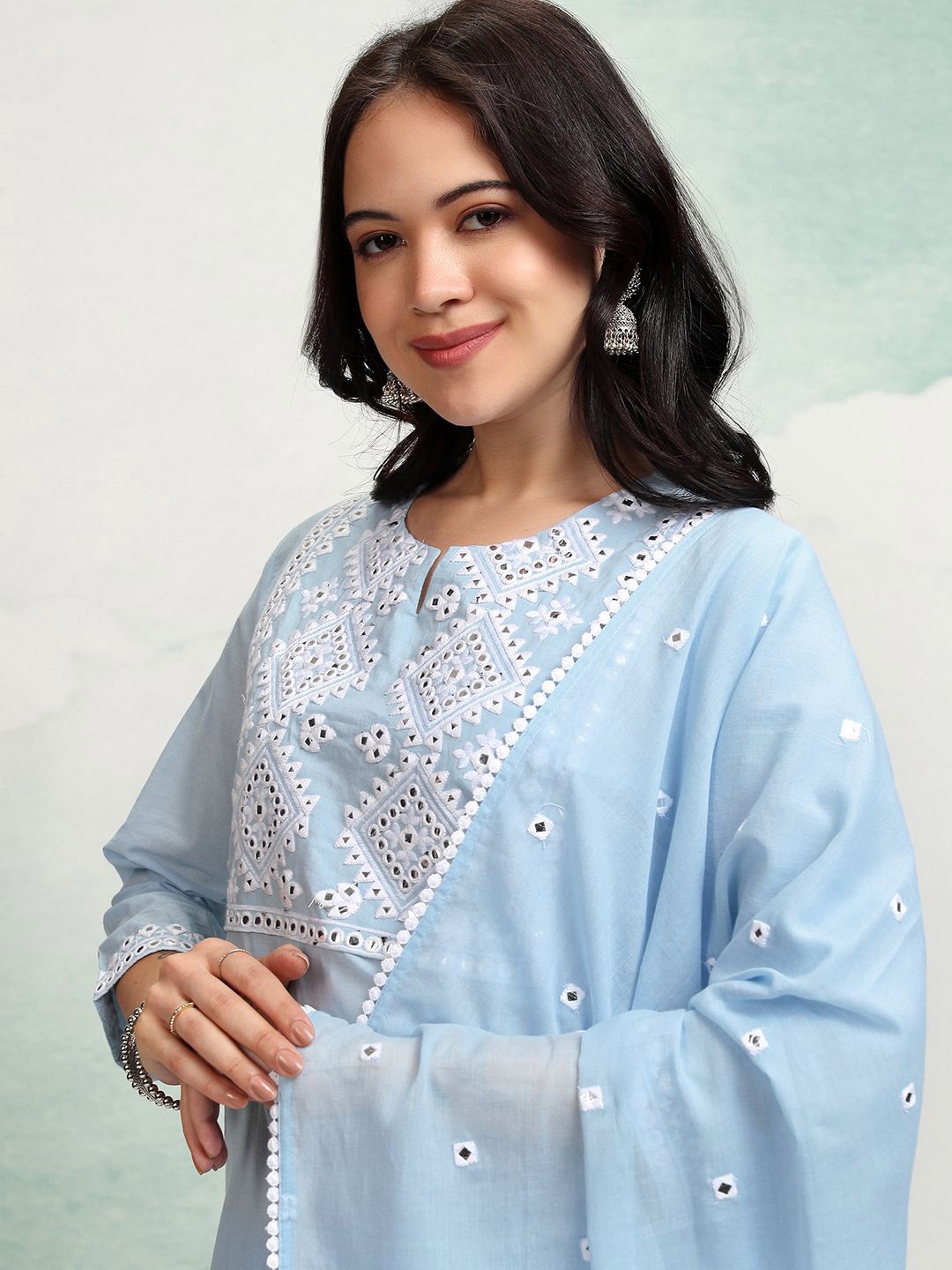 Vishudh Blue & White Embroidered Pure Cotton Straight Kurta with Trousers & With Dupatta
Vishudh Blue & White Embroidered Pure Cotton Straight Kurta with Trousers & With Dupatta