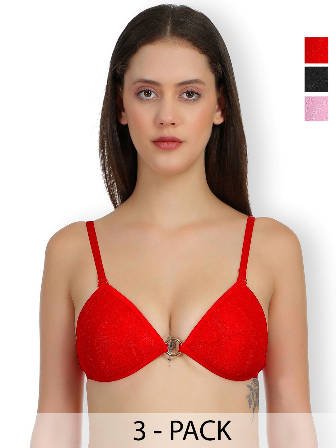 SELFCARE Pack Of 3 Self Design Lightly Padded Plunge Bras With All Day Comfort, Red
SELFCARE Pack Of 3 Self Design Lightly Padded Plunge Bras With All Day Comfort, Red