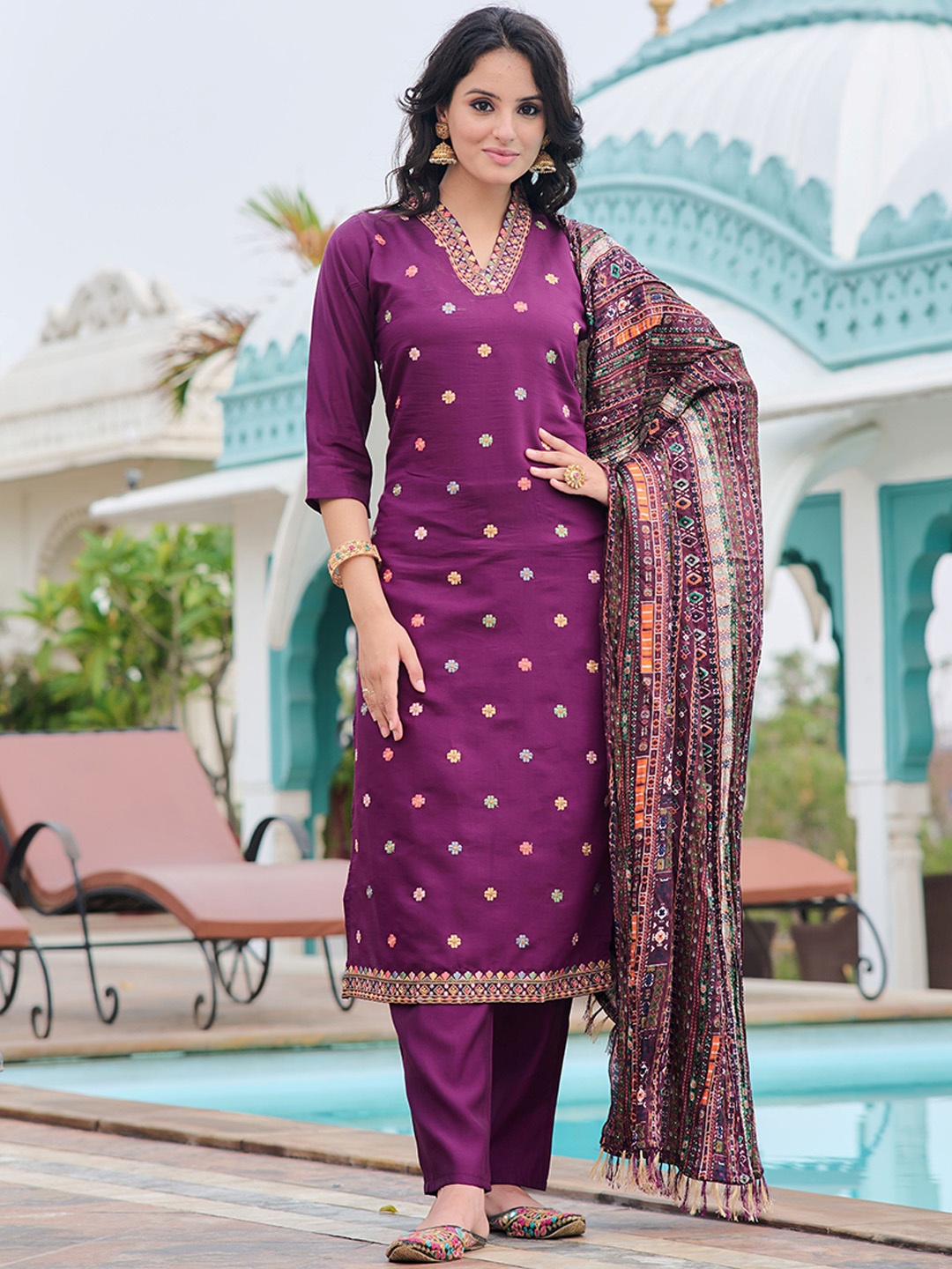 KALINI Floral Embroidered Thread Work Chanderi Silk Straight Kurta With Trousers & Dupatta, Purple
KALINI Floral Embroidered Thread Work Chanderi Silk Straight Kurta With Trousers & Dupatta, Purple