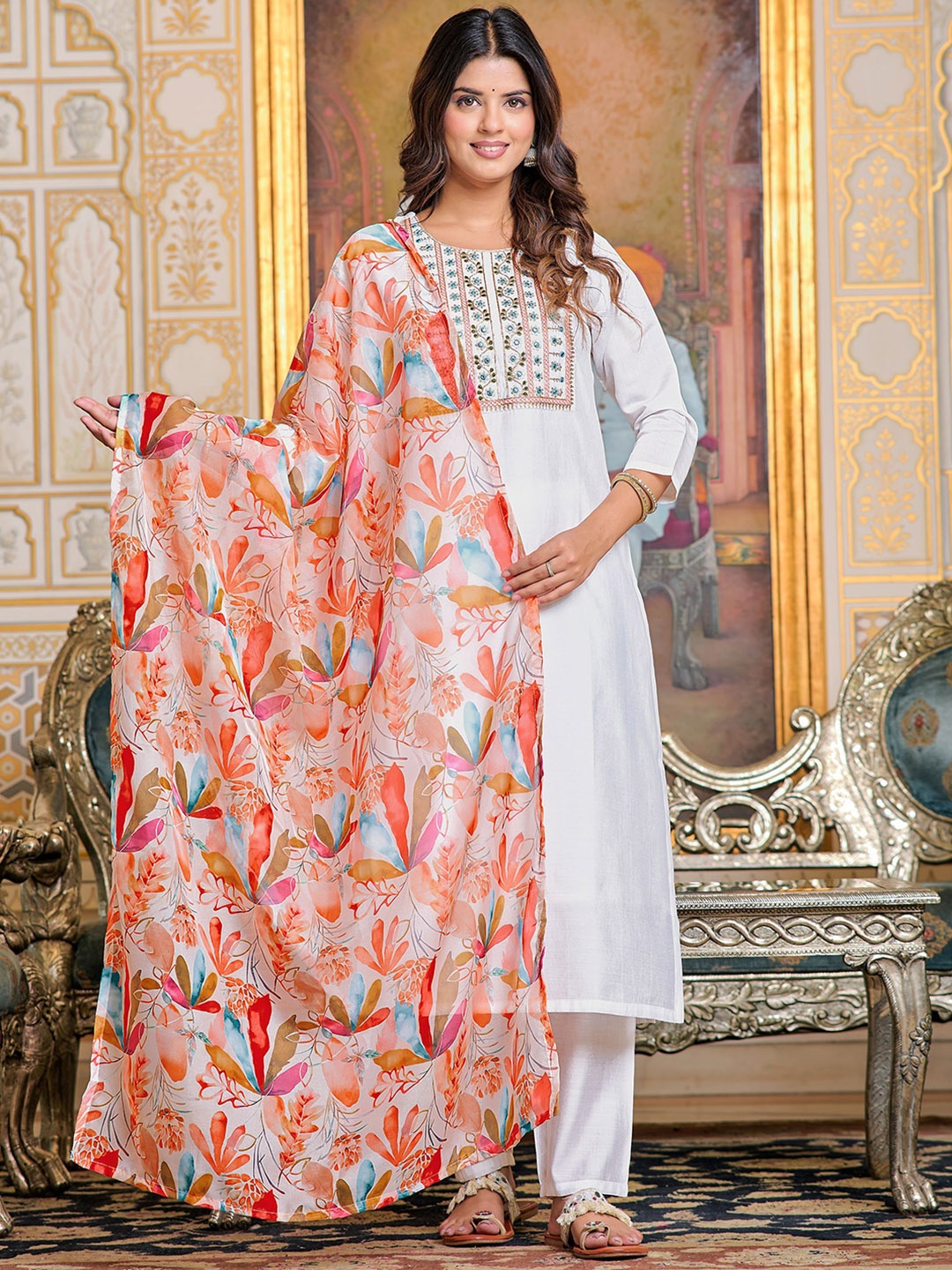 KALINI Yoke Design Mirror Work Chanderi Silk Straight Kurta With Trousers & Dupatta, Off white
KALINI Yoke Design Mirror Work Chanderi Silk Straight Kurta With Trousers & Dupatta, Off white