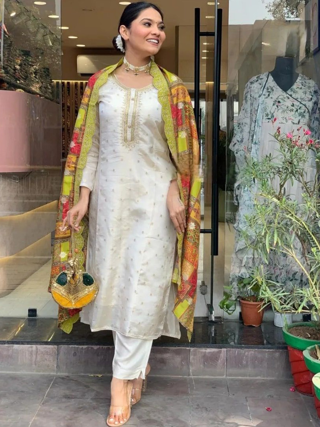KALINI Ethnic Motifs Embroidered Chanderi Silk Kurta with Trousers & Dupatta, White
KALINI Ethnic Motifs Embroidered Chanderi Silk Kurta with Trousers & Dupatta, White