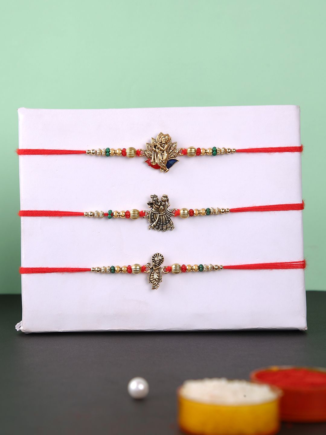 Aapno Rajasthan Set Of 3 Beaded Rakhis With Roli Chawal & Greeting Card, Gold
Aapno Rajasthan Set Of 3 Beaded Rakhis With Roli Chawal & Greeting Card, Gold