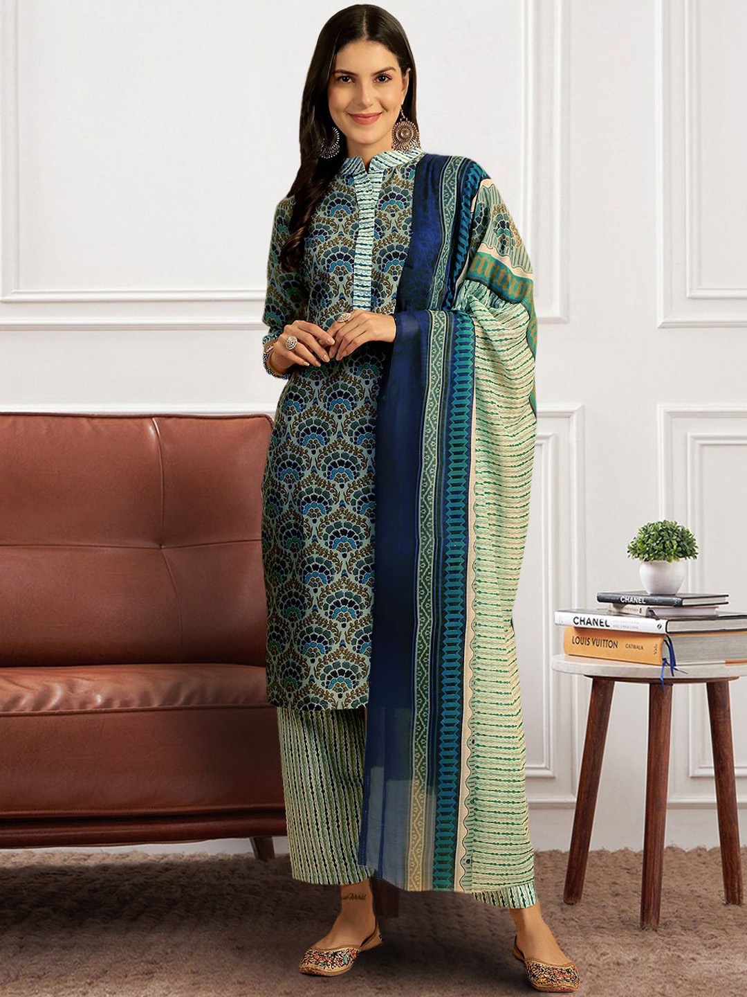 7Threads Ethnic Motifs Printed Regular Pure Cotton Kurta with Trousers & Dupatta, Teal
7Threads Ethnic Motifs Printed Regular Pure Cotton Kurta with Trousers & Dupatta, Teal