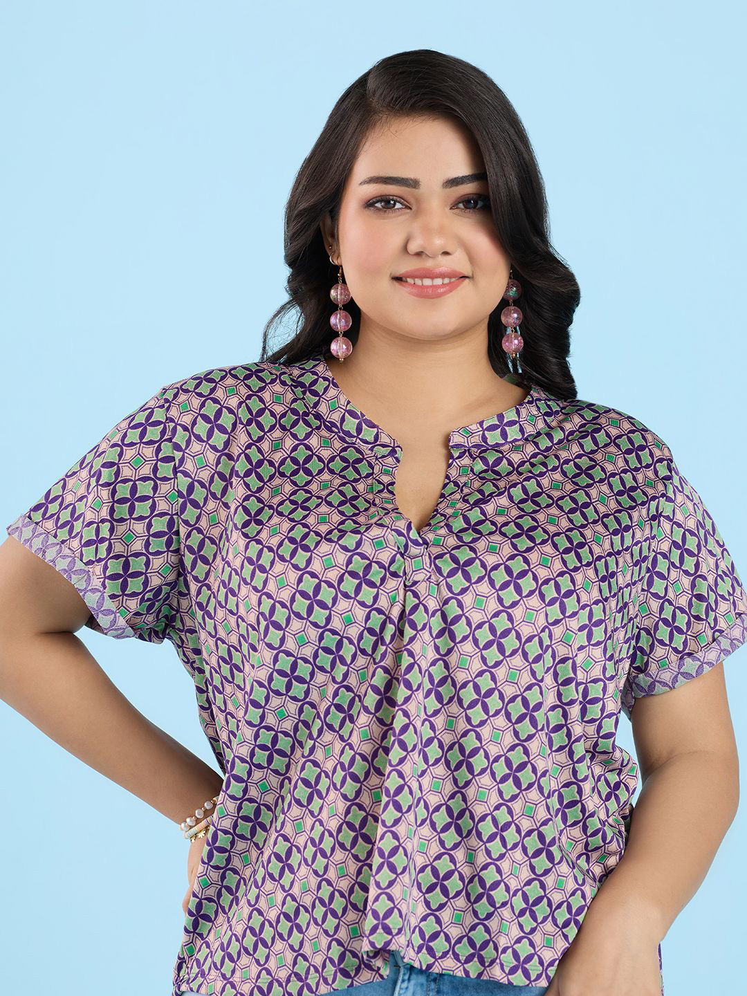 Big Hello - The Plus Life Floral Print Mandarin Collar Cotton Top, Purple 
Big Hello - The Plus Life Floral Print Mandarin Collar Cotton Top, Purple
