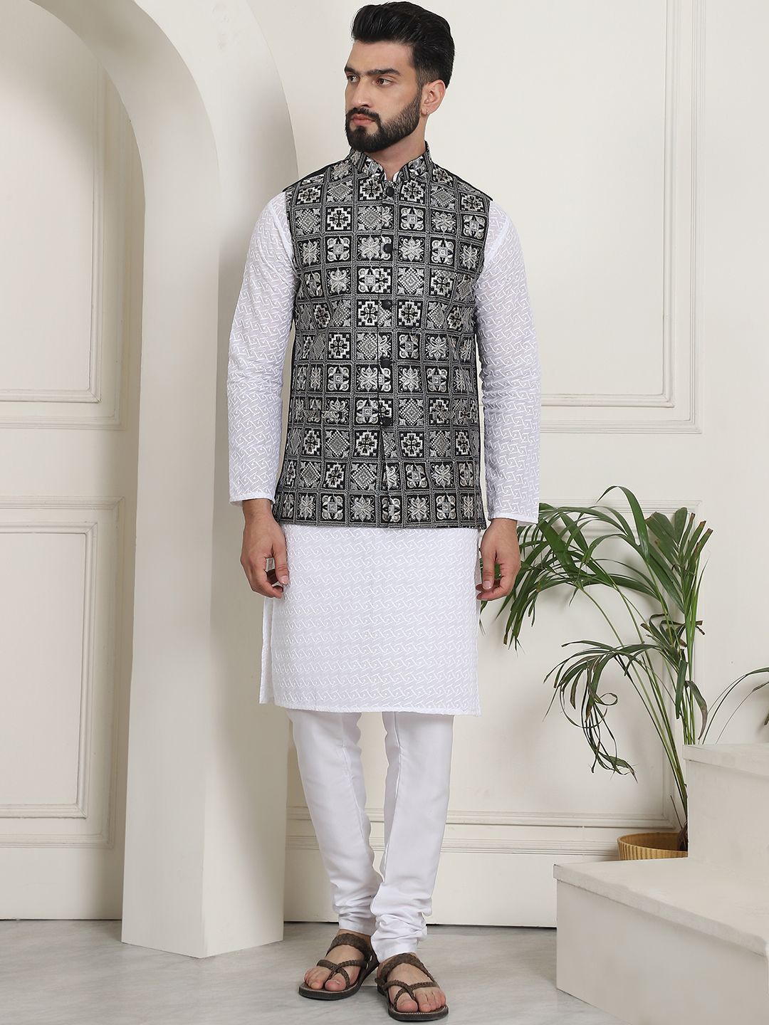 SOJANYA Embroidered Regular Thread Work Pure Cotton Kurta with Churidar & Nehru Jacket, White
SOJANYA Embroidered Regular Thread Work Pure Cotton Kurta with Churidar & Nehru Jacket, White